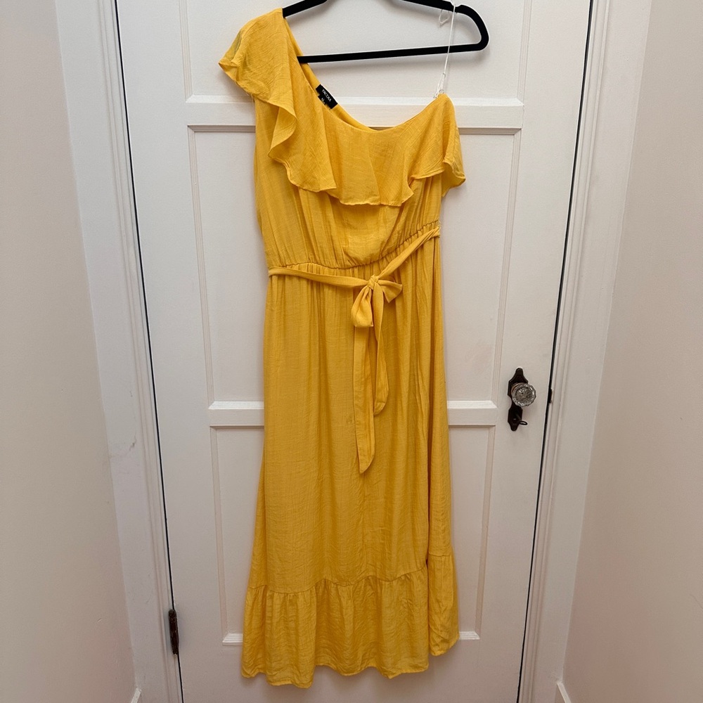 Tacera Yellow One-Shoulder Dress with Ruffle Detail
